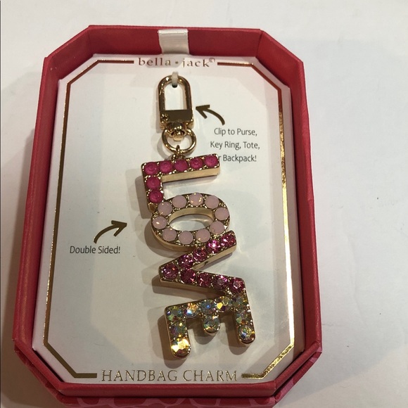 boutique Accessories - Pink Gemstone‎ adorned gold tone LOVE monogram bag charm new